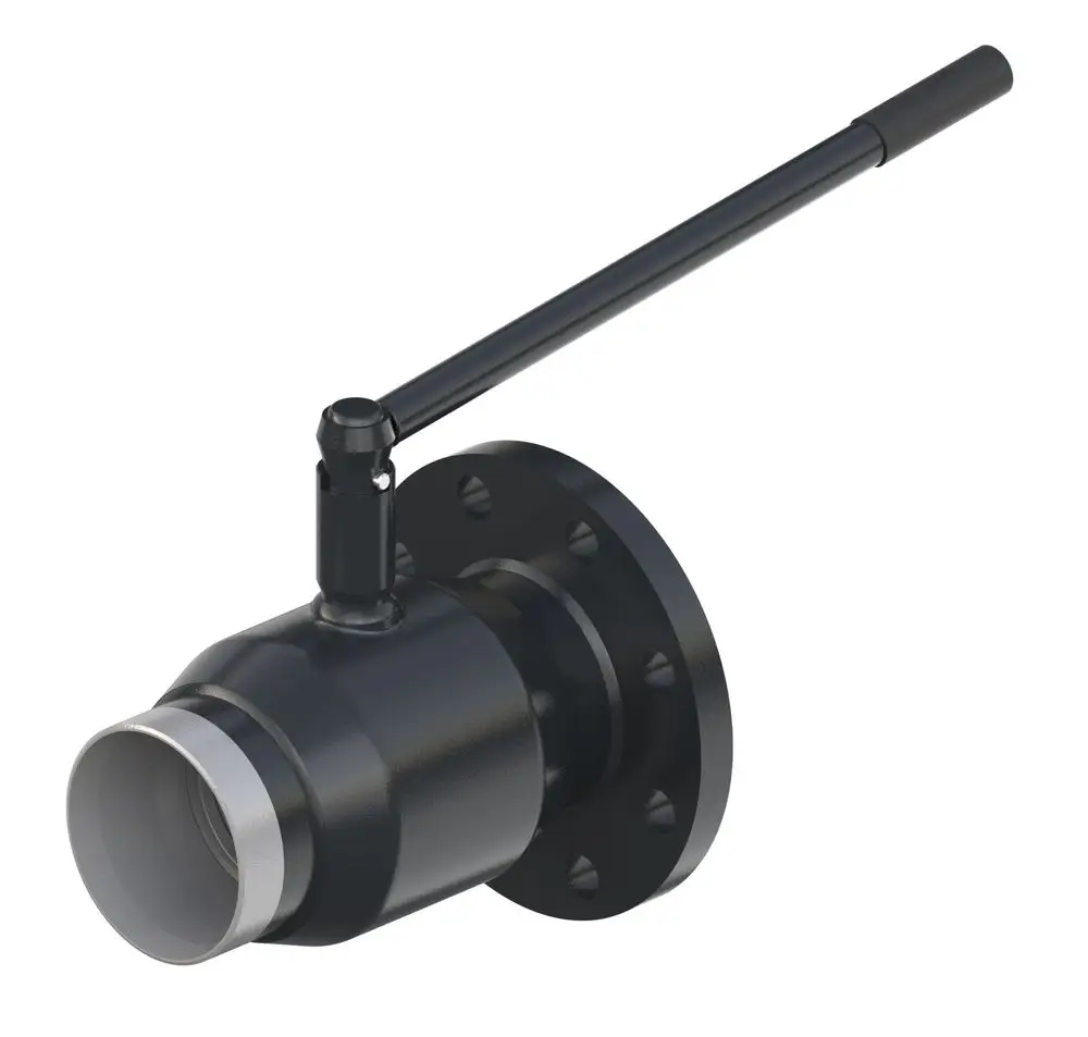 Kugelhahn mit flanschmontierter Konstruktion, Hebel zur Betätigung, aus schwarzem Material, hergestellt von Danfoss. Anwendung in Rohrleitungen zur Steuerung des Durchflusses.